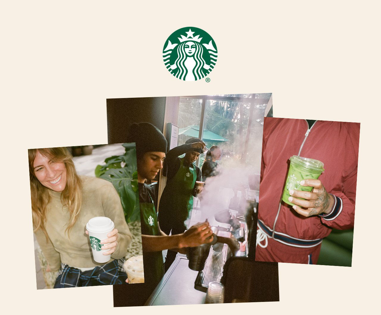 Collage of Starbucks small moments: smiling woman with coffee, barista steaming milk, and person holding iced drink.