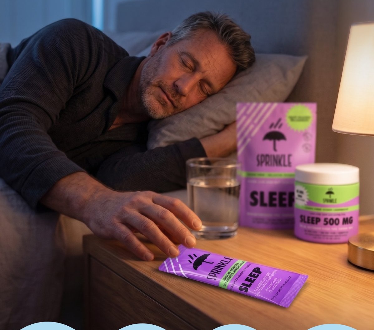 A man sleeping peacefully with Sprinkle sleep products on a bedside table.