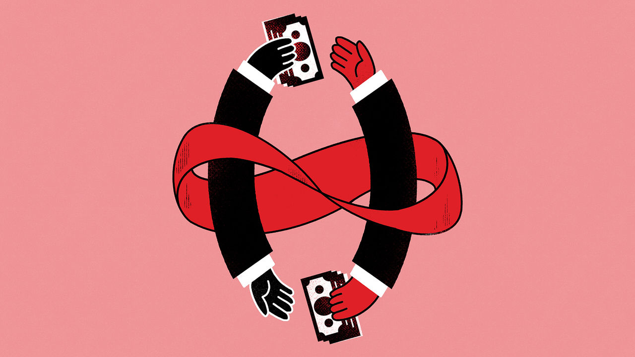 illustration of two suited arms intertwined in an infinity loop, exchanging money. One hand is red and the other black, on a pink background