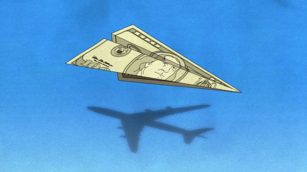 Illustration of a paper plane made of a dollar bill. It's shadow is of an actual plane, going the other way around.