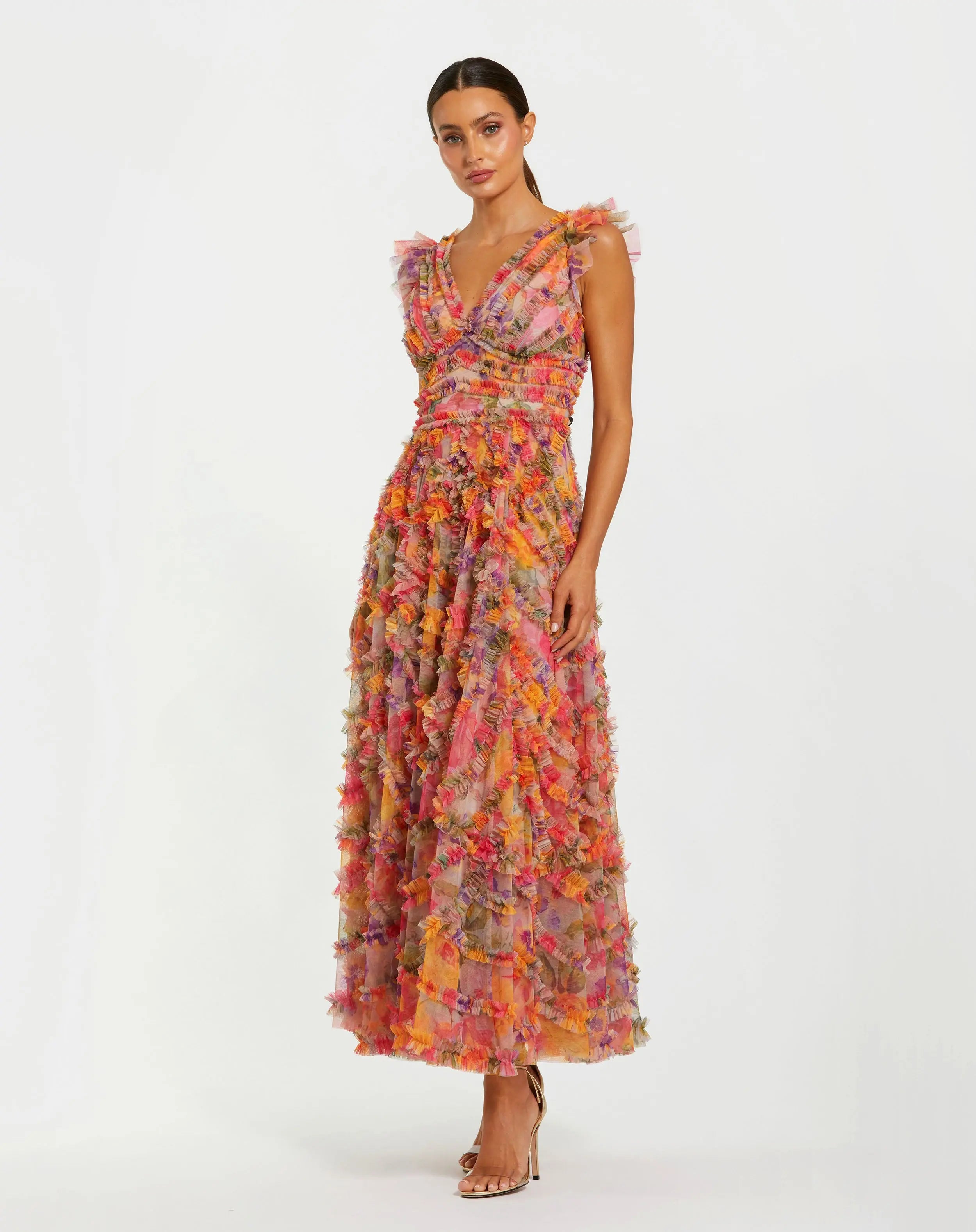 Image of Multicolor Floral V-Neck Ruffle Maxi Dress