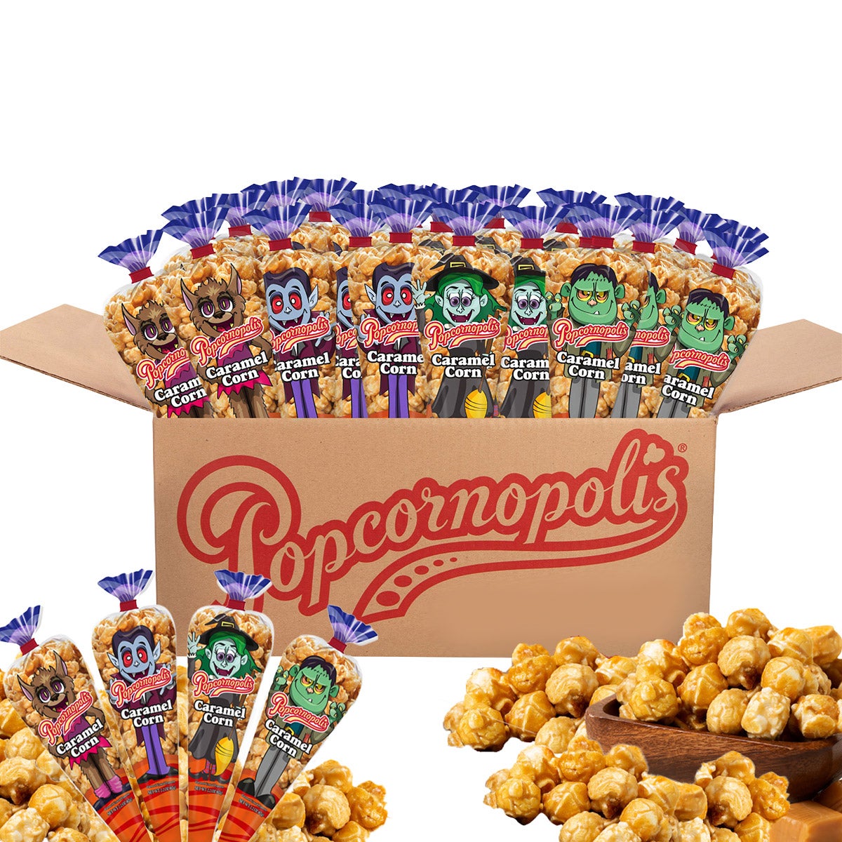 Popcornopolis Halloween Monster 2.2 oz Caramel Corn Mini Cones, 24-Count
