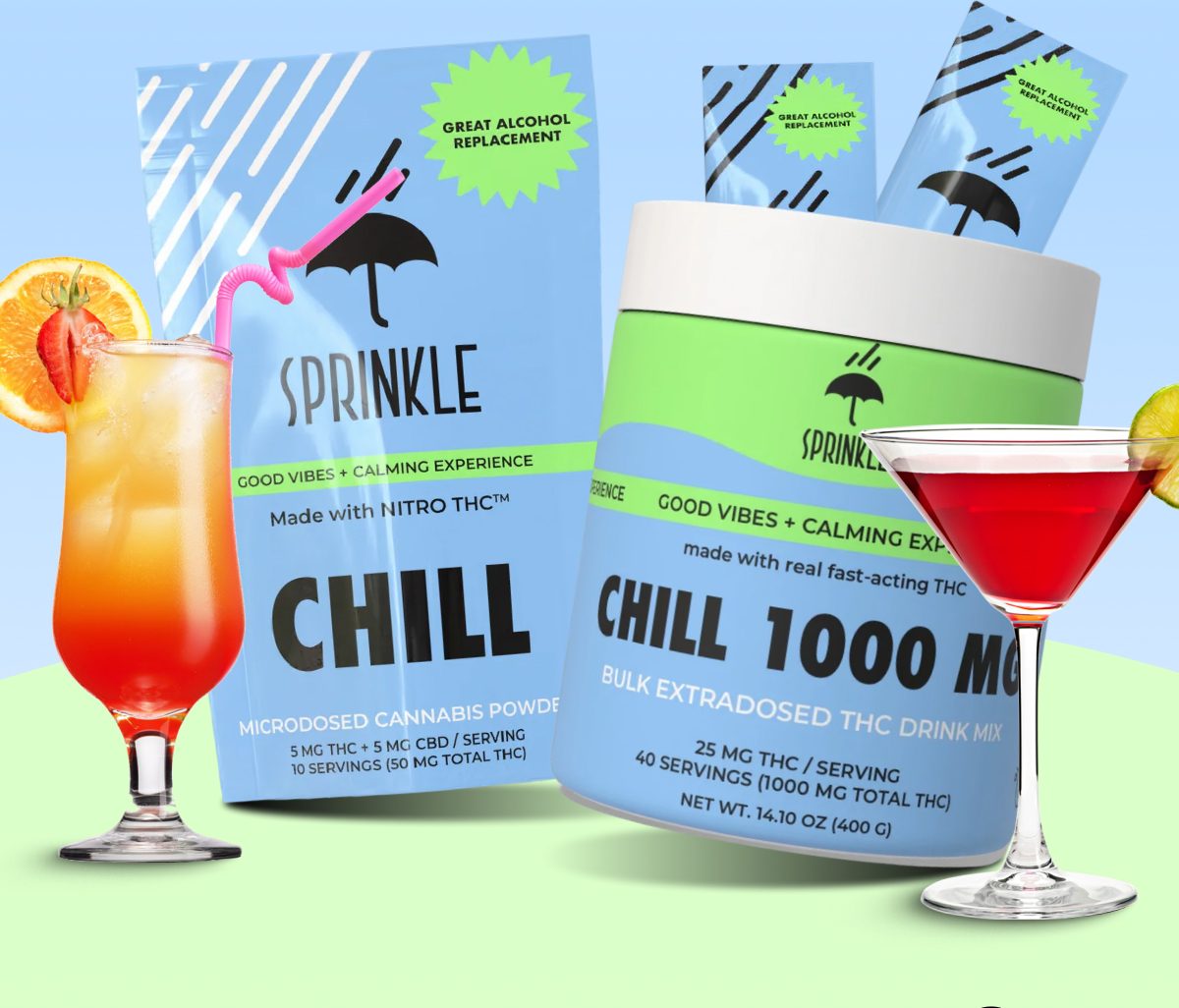 Cannabis powder products labeled 'Chill' with drinks and garnishes.