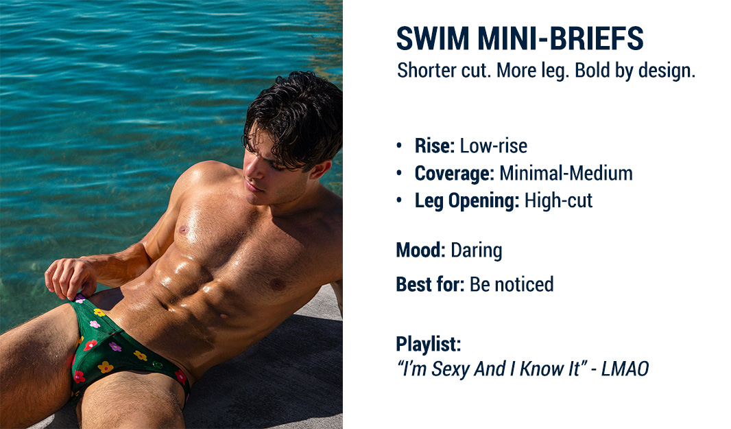 The Swim Fit Guide — Vol. 1 — model wearing DC2 Buy Myself Flowers Swim Mini-Briefs by the ocean.