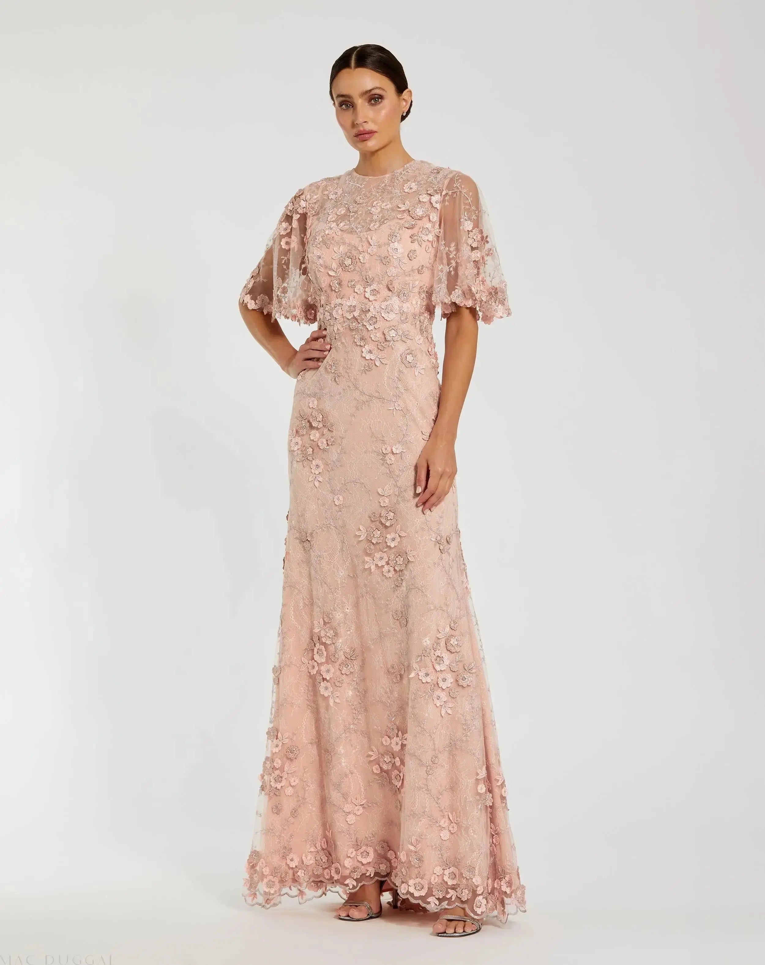 Image of Petite Pink Flutter Sleeve Floral Embroidered Net Gown