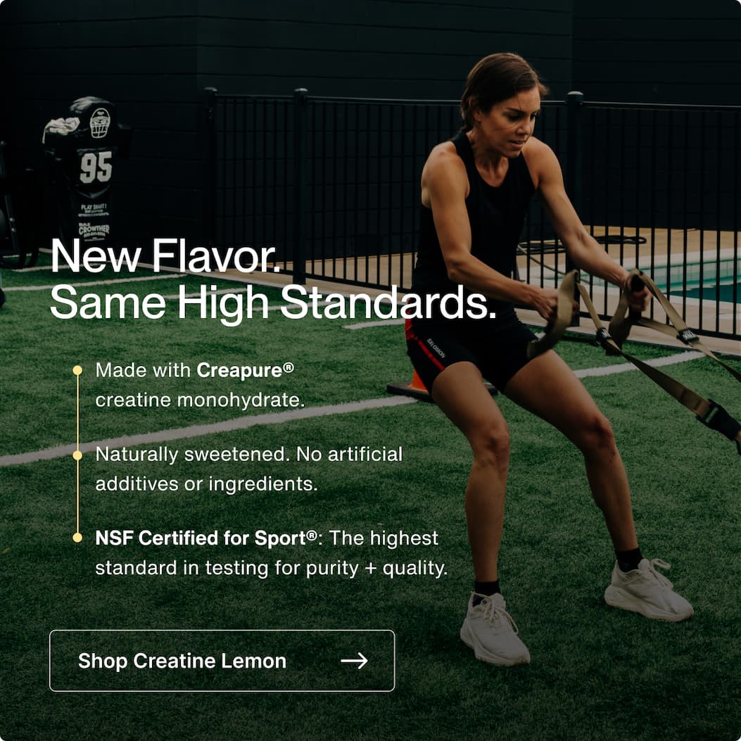 Athlete mid-jump in a gym with text overlay promoting Momentous Lemon Creatine as NSF Certified, naturally sweetened, and made with Creapure® creatine monohydrate.