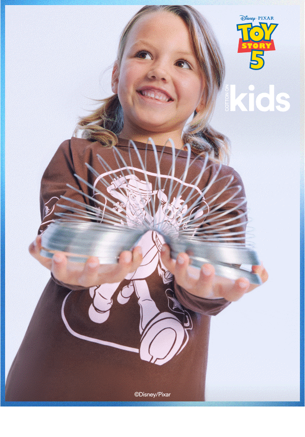 Toy Story 5 kids collection featuring young girl wearing brown graphic tee with metallic silver sleeves