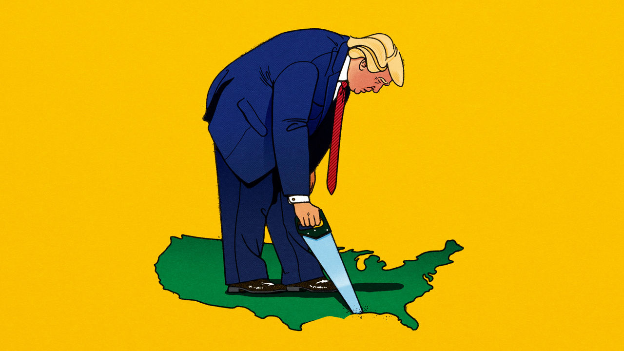 An illustration of Trump carving a U.S.-shaped hole beneath his feet, symbolizing that he may be on the verge of falling in.