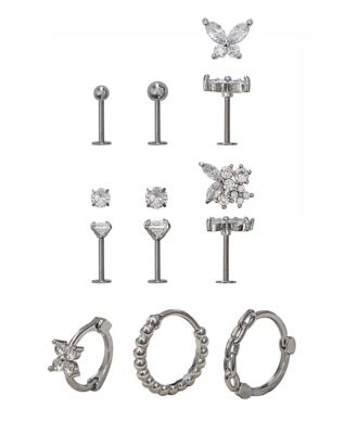 Multi-Pack CZ Silver-Plated Cartilage Earrings 9 Pack - 18 Gauge