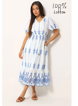 M&Co Petite White & Blue Broderie Cotton Dress