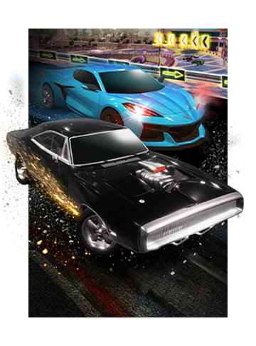 Key art for Fast & Furious: Arcade Edition showing a black car leading a blue car down a neon-lined track.