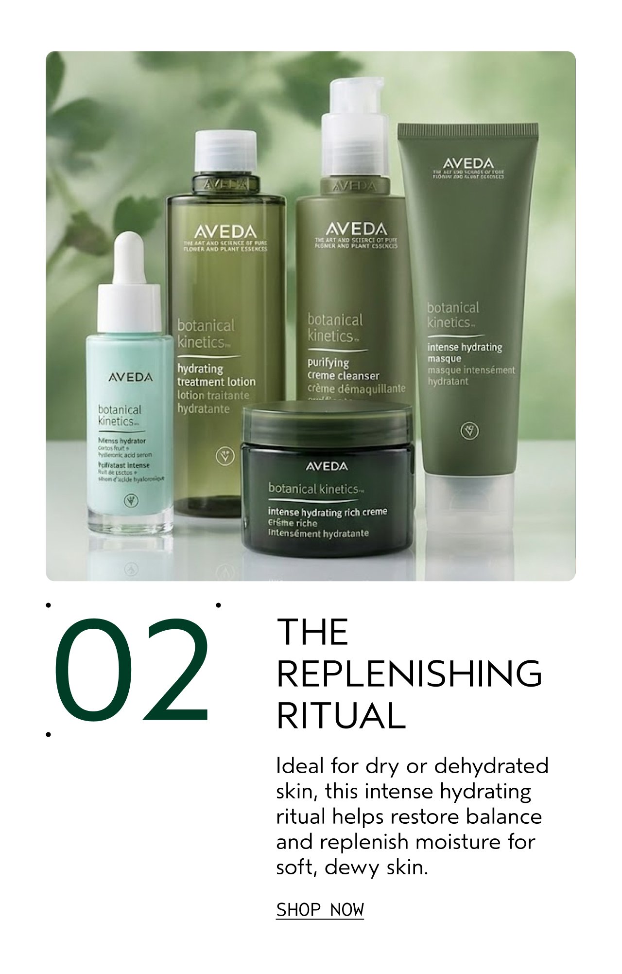 02 THE REPLENISHING RITUAL Ideal for dry or dehydrated skin, this intense hydrating ritual helps restore balance and replenish moisture for soft, dewy skin. SHOP NOW