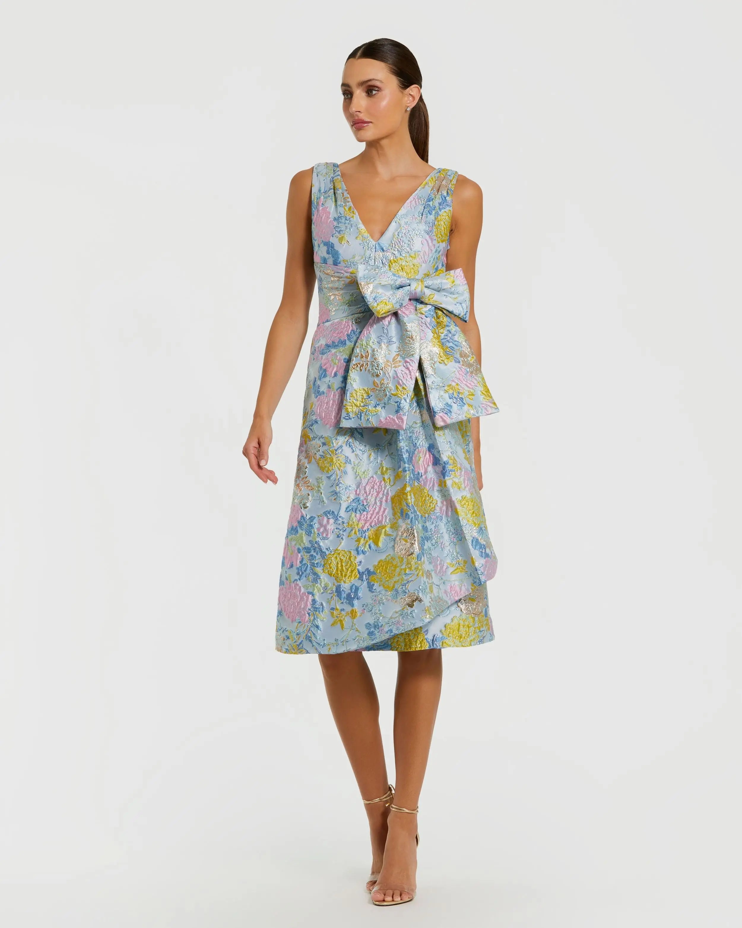 Image of Blue Floral Brocade Sleeveless Midi Dress With Bow