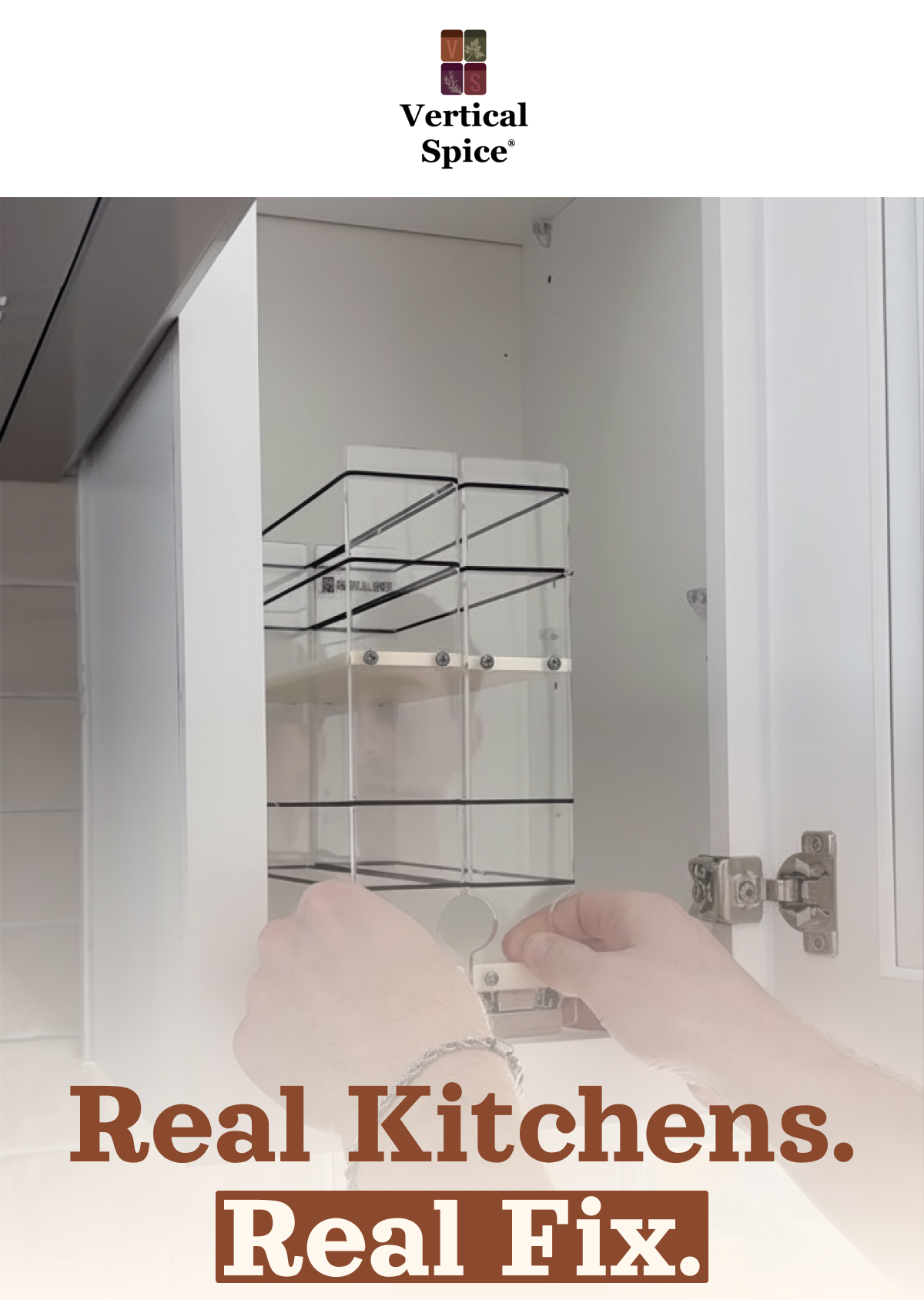 Pull-out spice rack drawer installed inside kitchen cabinet with sliding rails and tiered wire shelves for organized storage