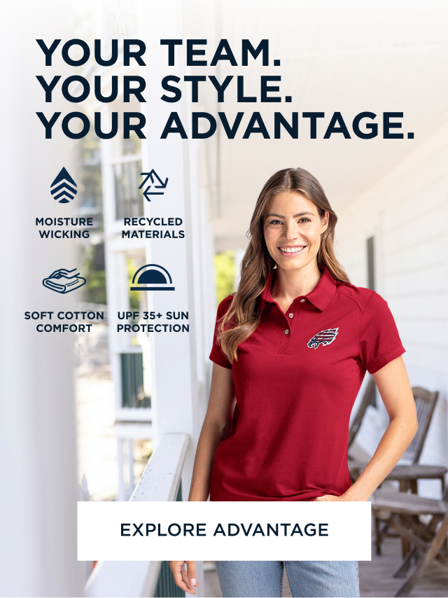 Woman wearing a red Advantage polo on a patio | Explore Advantage