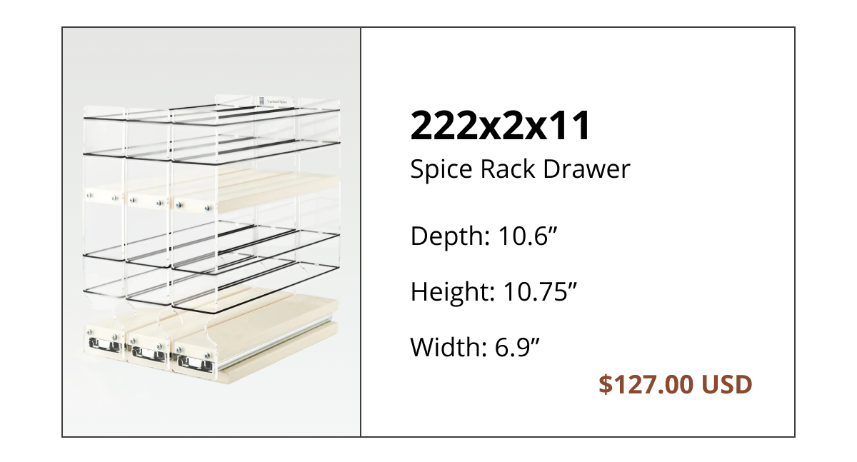 Pull-out spice rack drawer 222x2x11 with two tiers for organized spice storage in kitchen cabinets