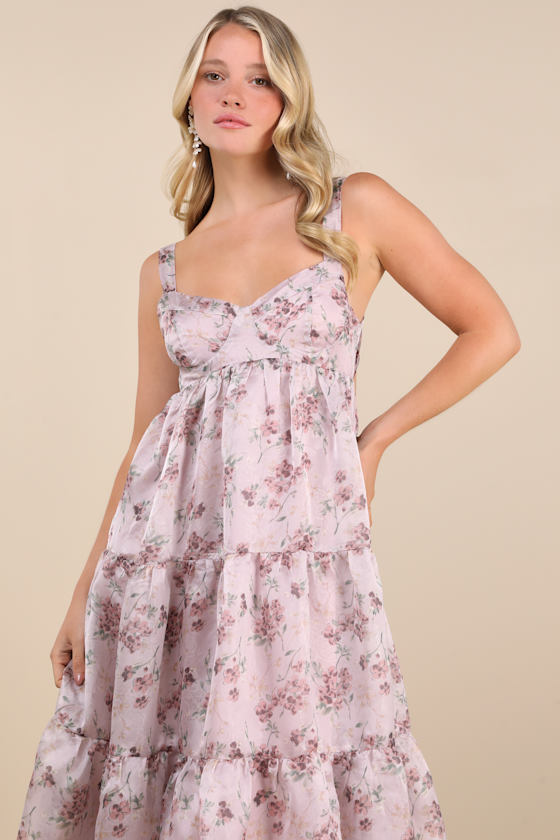 Image of Marvelously Darling Mauve Floral Tiered Backless Midi Dress