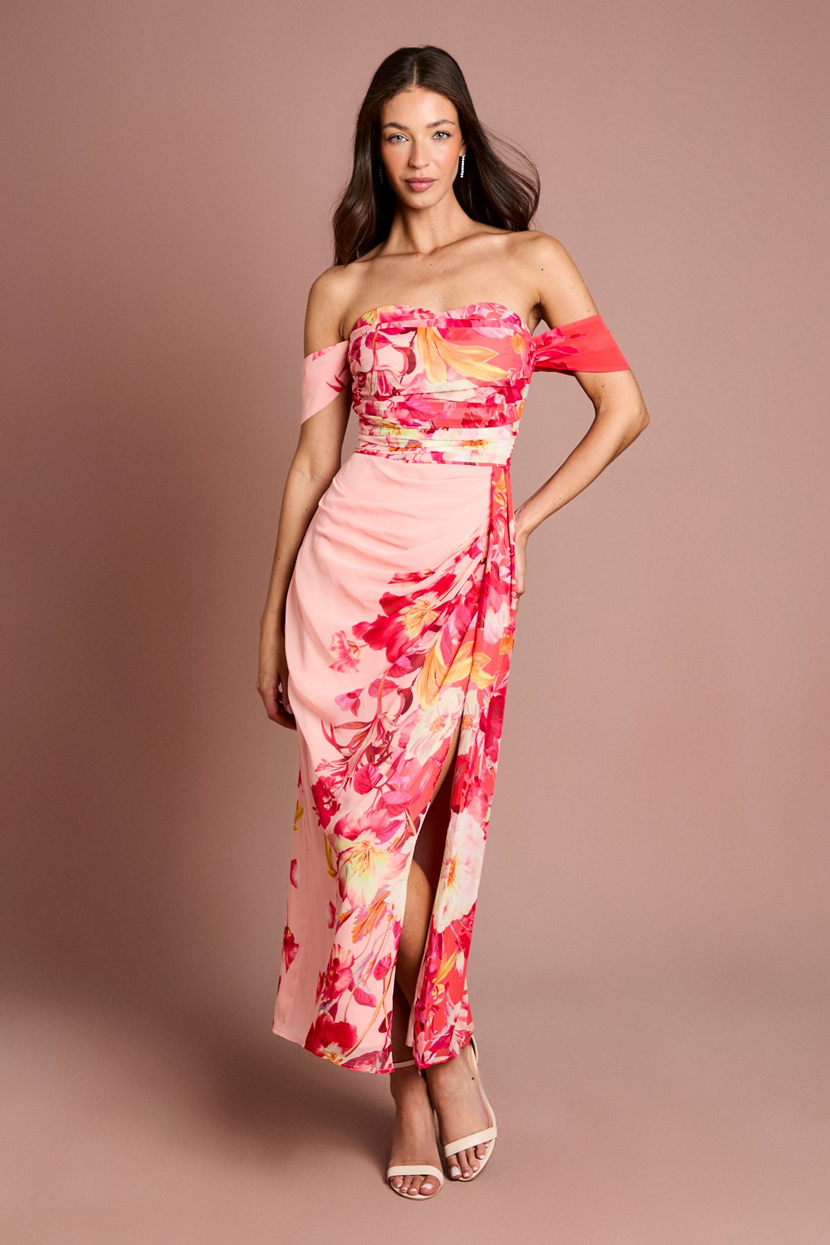 Off The Shoulder Floral Print Drape Chiffon Dress