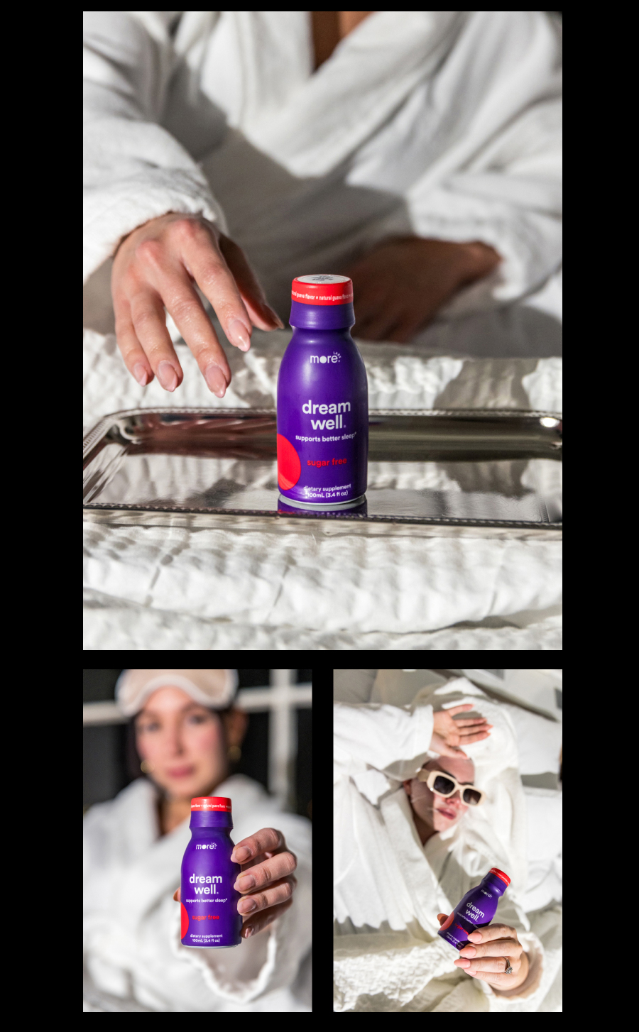 Image of Woman in white terry cloth robes with Dream Well and a face mask 