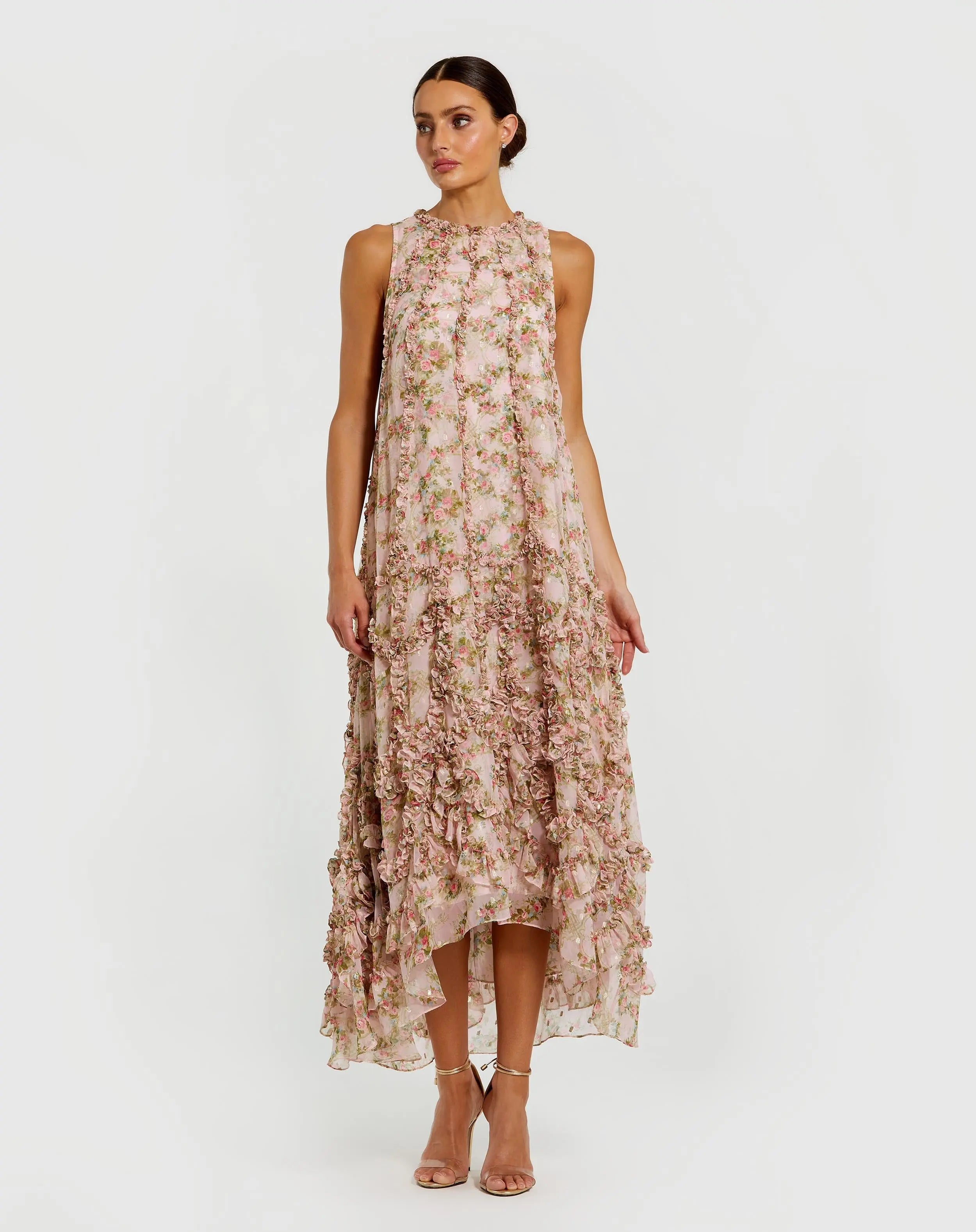 Image of Pink Sleeveless Floral Micro Ruffle Trapeze Midi Dress