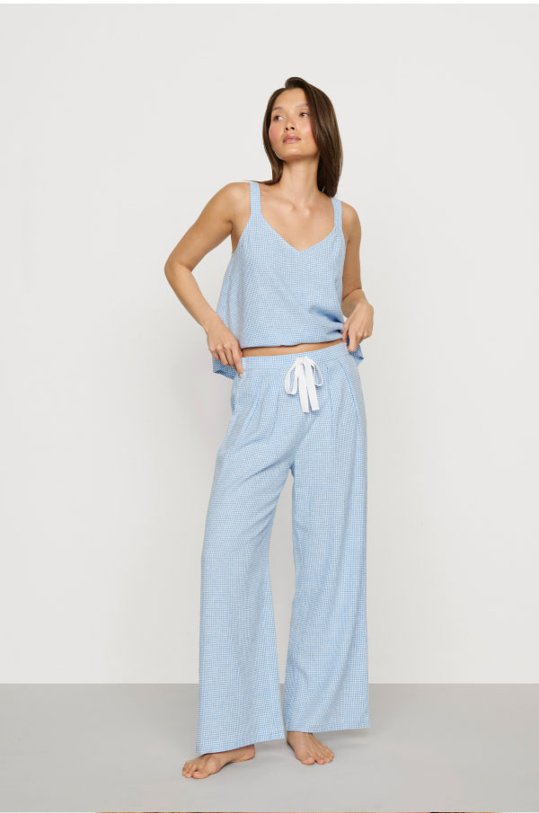 Linen Blend Relaxed Pant Gingham White/Summer Blue