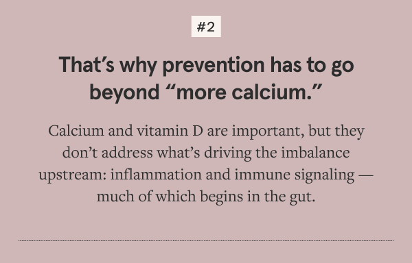 Calcium and vitamin D are important, but they don’t address what’s driving the imbalance upstream: inflammation and immune signaling