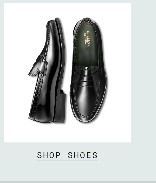Side and top-down view of a pair of black leather penny loafers with G.H. Bass branding on the insole. Text: "SHOP SHOES"