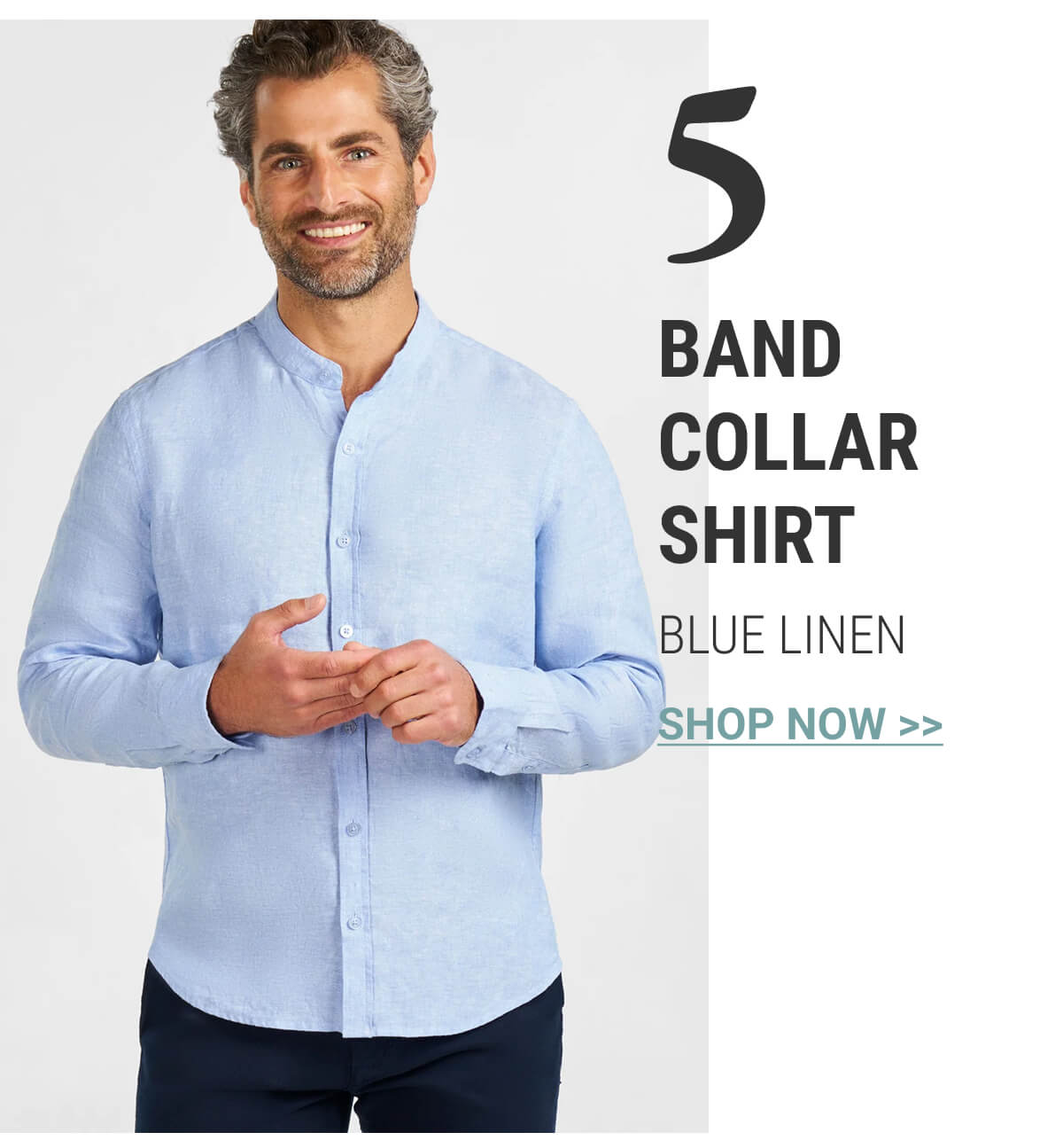 Blue Linen Band Collar Shirt