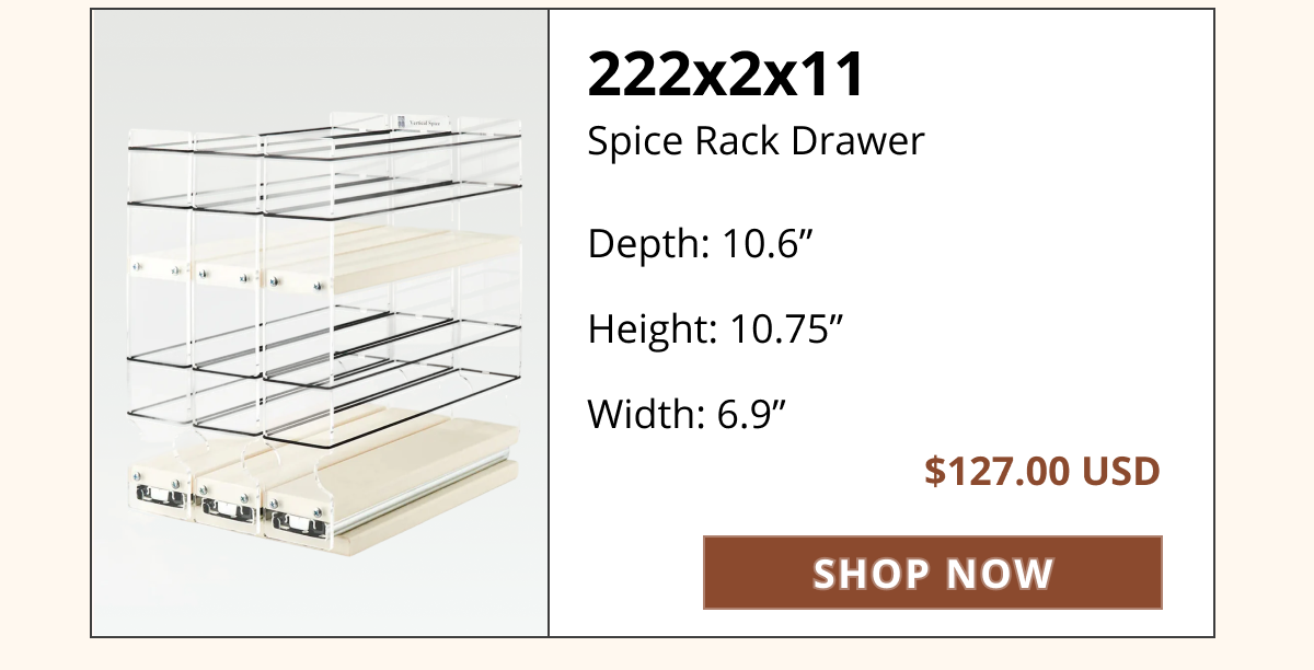 222x2x11 spice rack drawer insert with double-tier pull-out design, optimized for deep cabinets and high storage capacity