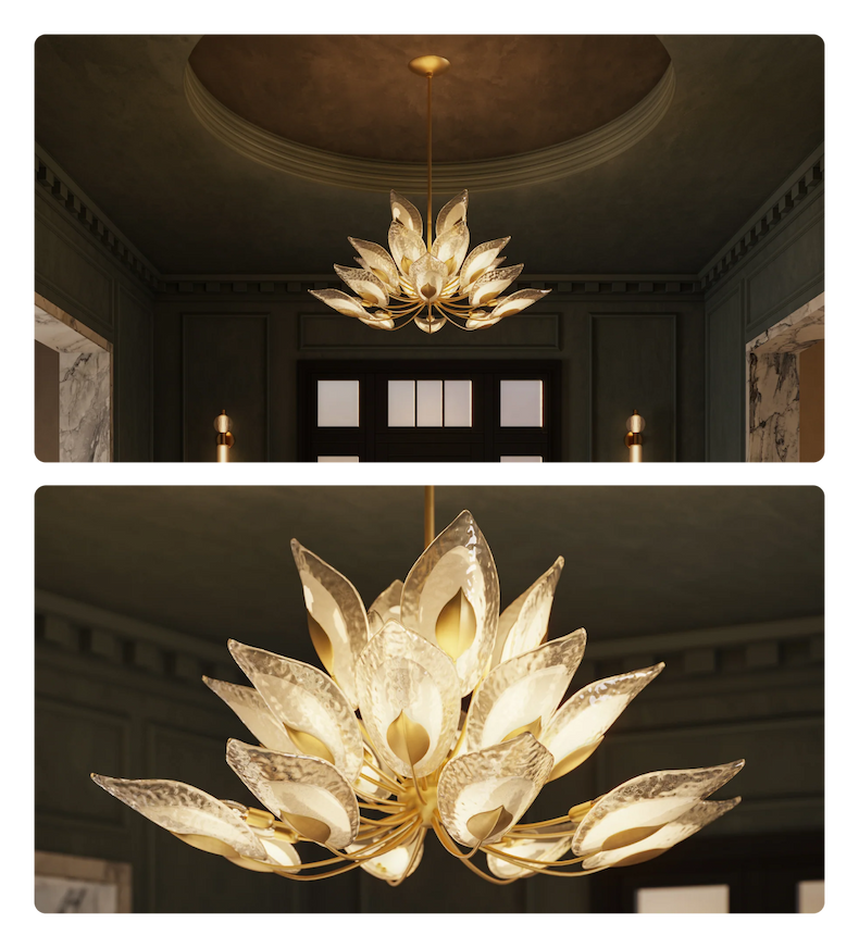 Close-up and room view of a large, gold lotus-inspired chandelier with frosted glass petals.