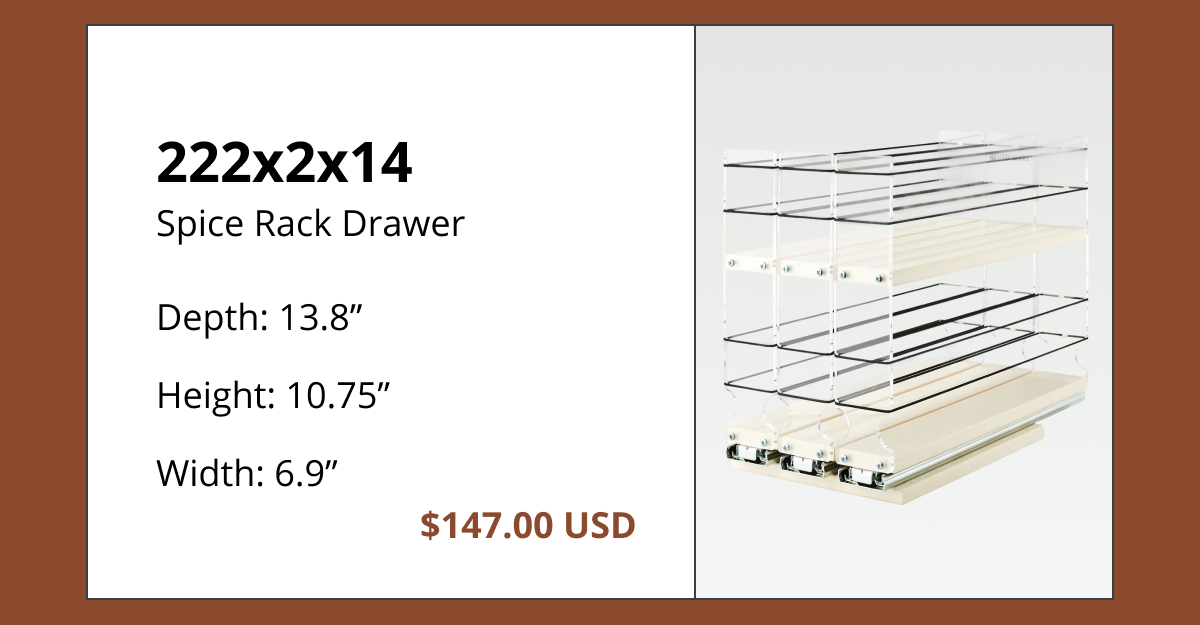 Deep pull-out spice rack drawer 222x2x14 with extended depth for maximizing cabinet storage space