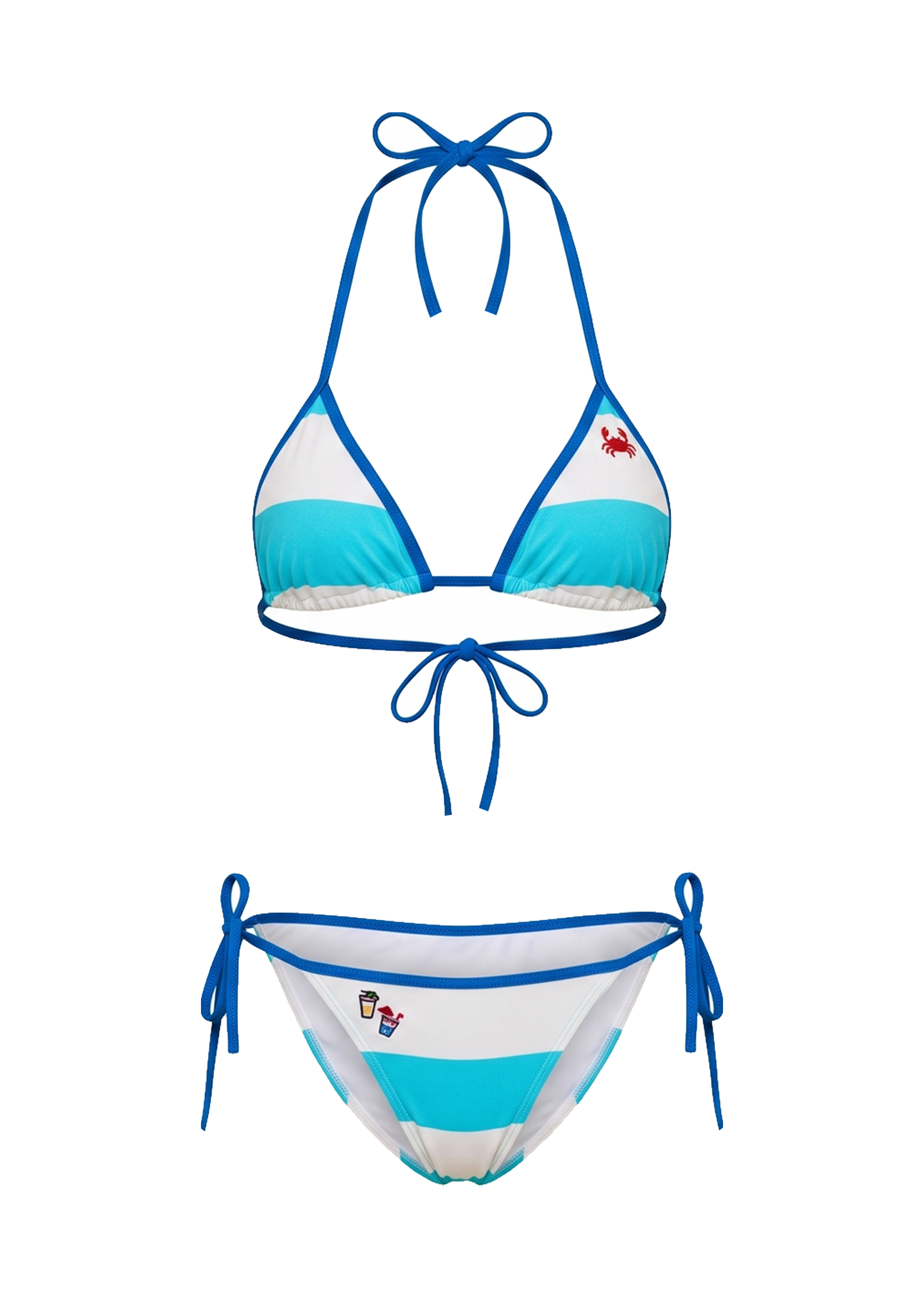 flat image of white and aqua bikini with embroidered details 