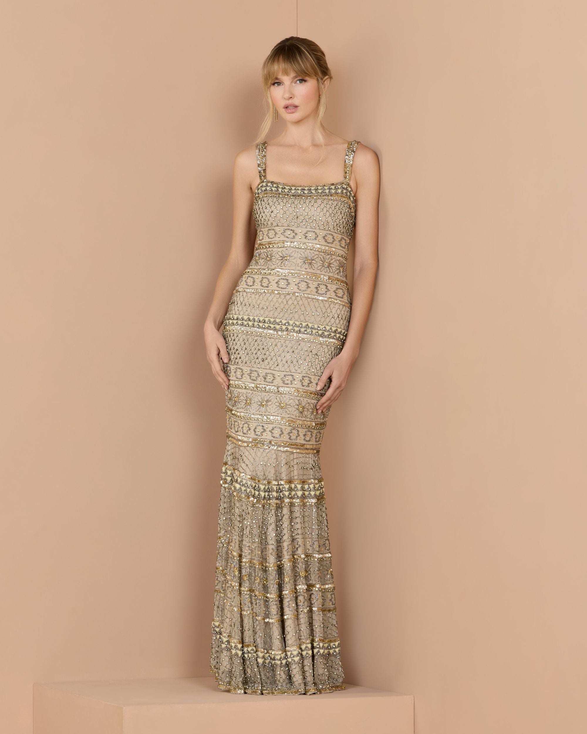 Image of Gold Sleeveless Square Neck Beaded Gown