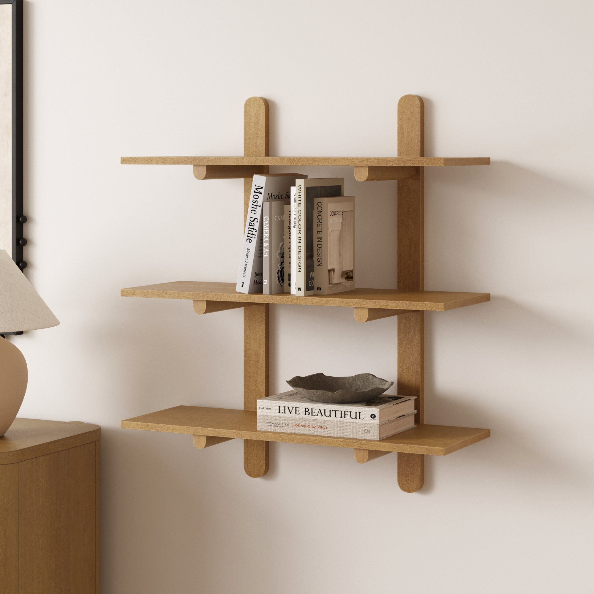 Image of Mid Century Modern 3-Tier Wall Mounted Wood Shelf Light Brown