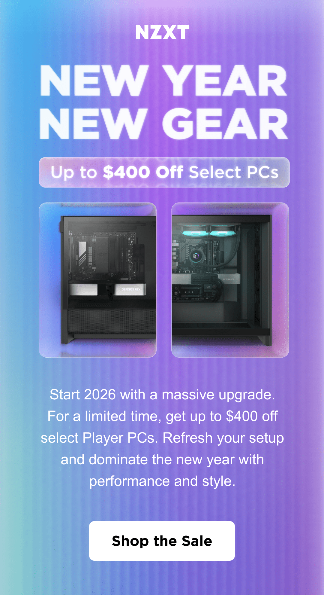 new year new gear, start 2026 with a massive upgrade, for a limited time get up to $400 off select player pcs, refresh your setup and dominate the new year with performance and style, shop the sale
