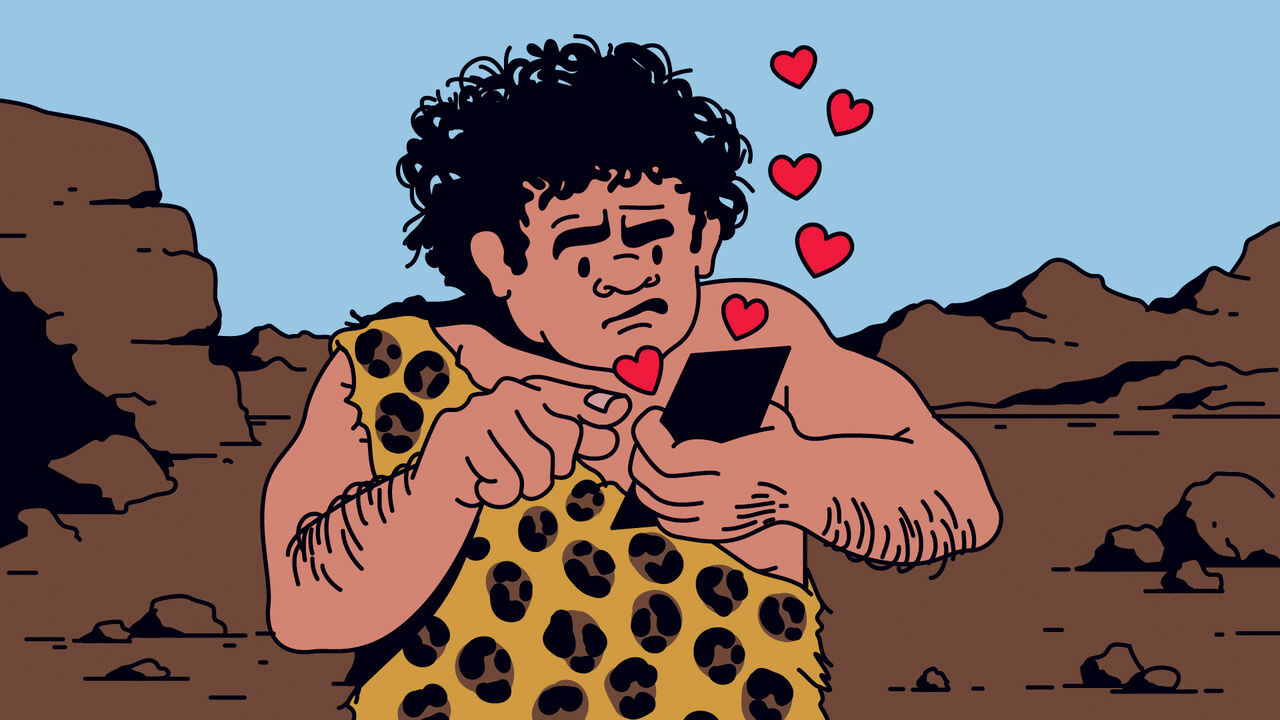 A caveman holding a phone, sending heart emojis that float upward.