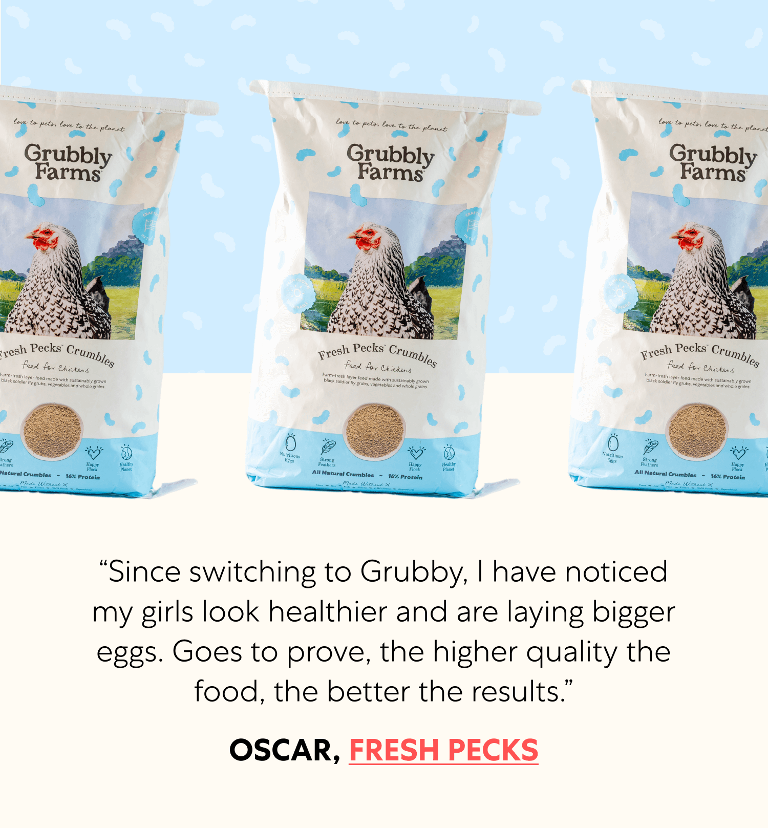 “Since switching to Grubby, I have noticed my girls look healthier and are laying bigger eggs. Goes to prove, the higher quality the food, the better the results.” Oscar, Fresh Pecks