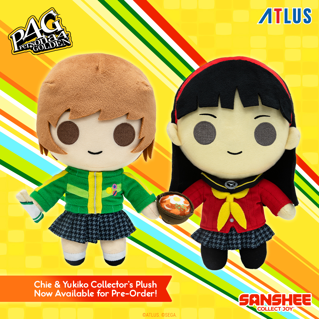 Chie Satonaka and Yukiko Amagi plush standing together next to a yellow striped background.