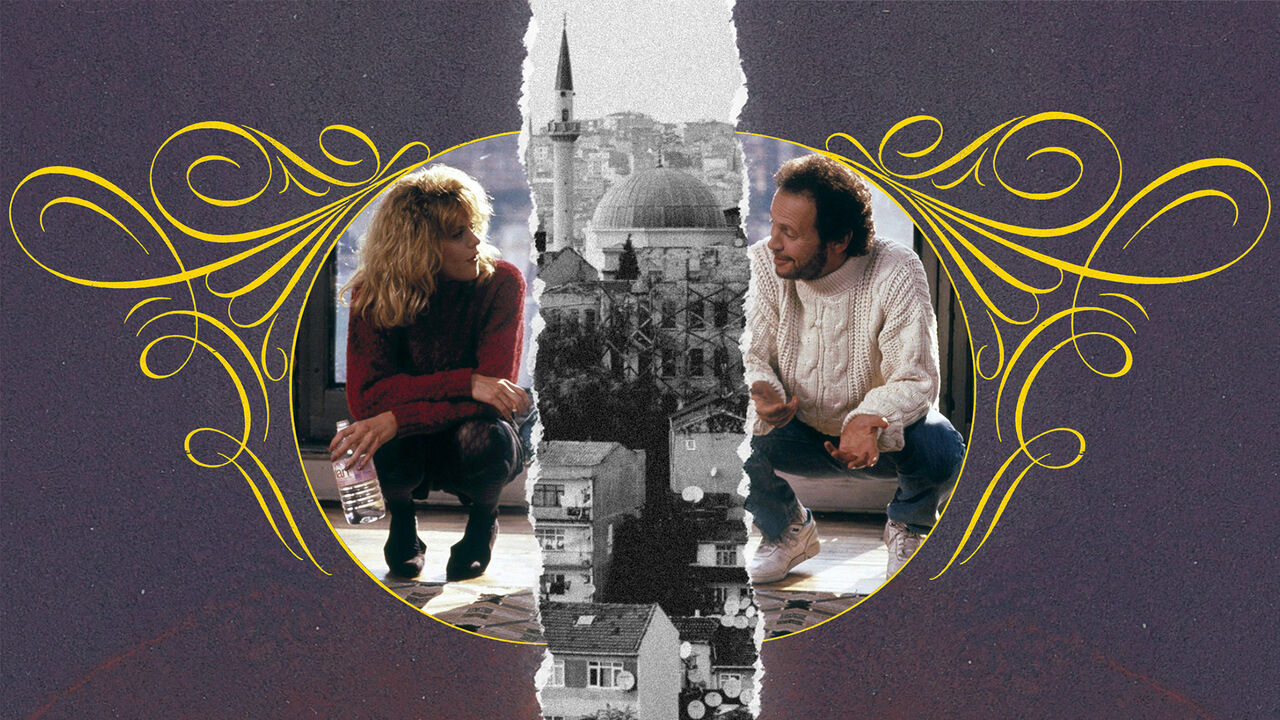 A collage of When Harry Met Sally with a skyline of Istanbul.