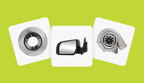 A disc brake rotor, a power folding mirror for the driver's side, and a Pulsar turbocharger sit on white tiles against a lime green background.
