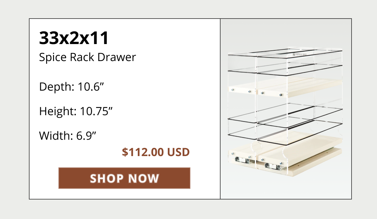 Vertical Spice 22x2x11 slim spice rack drawer organizer showing dimensions and price.
