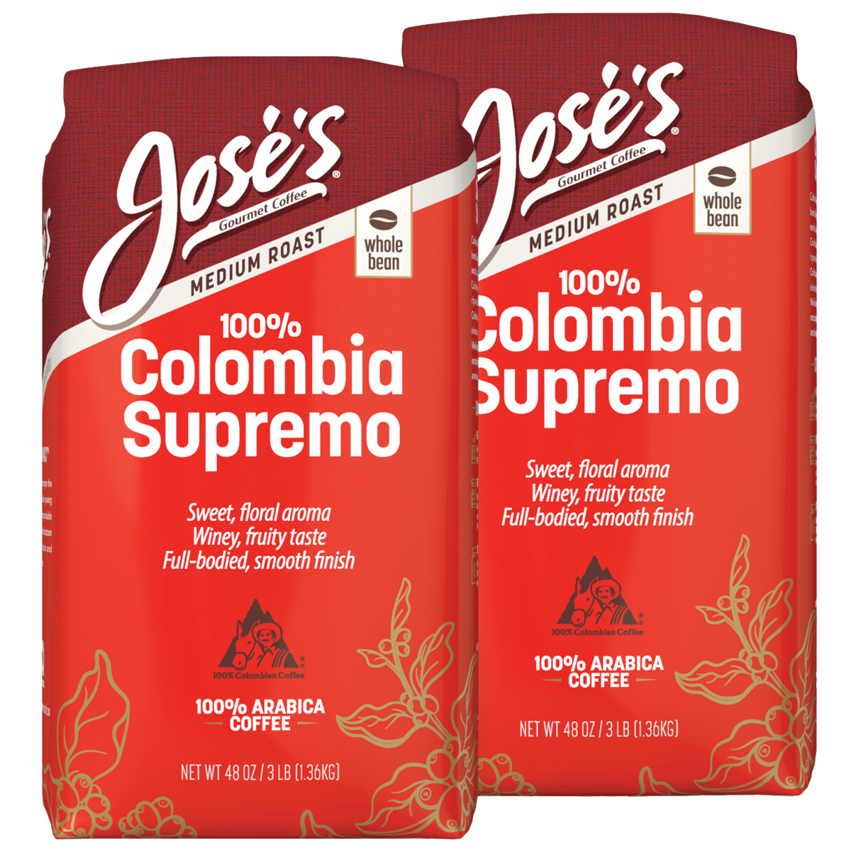 Jose's 100% Colombia Supremo Whole Bean Coffee, Medium, 3 lbs, 2-Pack