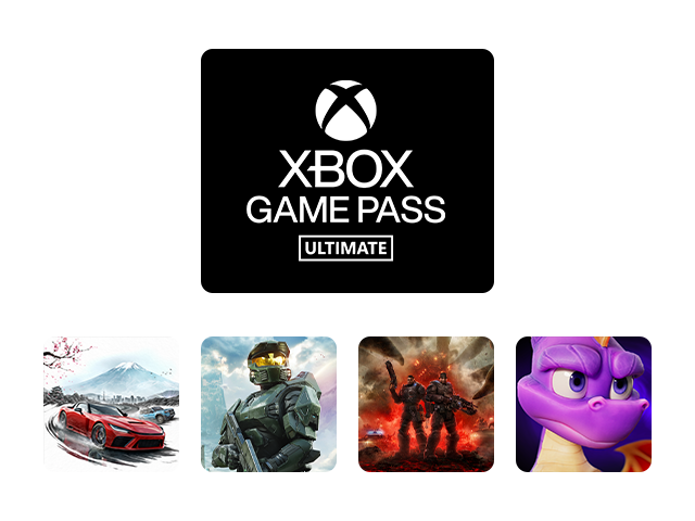 XBOX Game Pass Ultimate logo with a row of key art for Forza Horizon 6, Halo: Campaign Evolved, Gears of War: E-Day, and Spyro: A Realm Beyond.