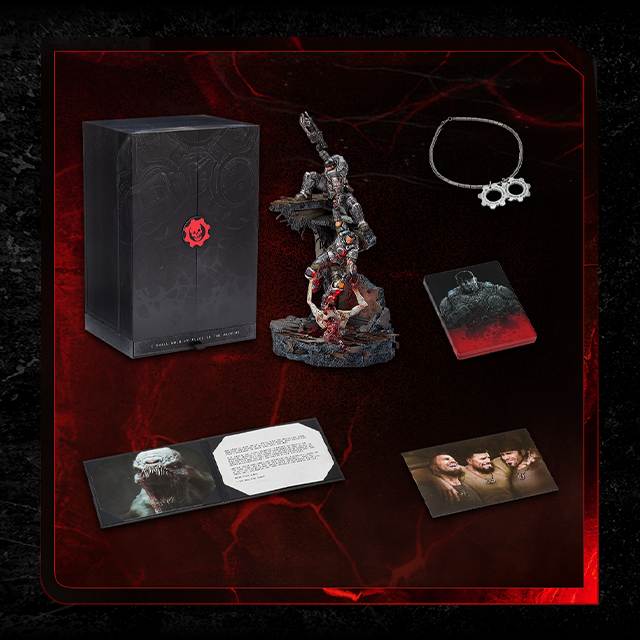 Promotional art for the Gears of War: E-Day Collector's Edition displaying replica COG tags, a thank-you note from The Coalition, and other physical collectibles.