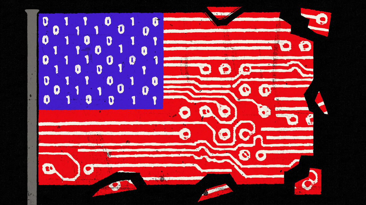 This illustration depicts the American flag stylized to resemble a broken circuit board. The blue field with stars is replaced by binary code (1s and 0s), and the red and white stripes are represented as printed circuit traces. Pieces of the flag appear 