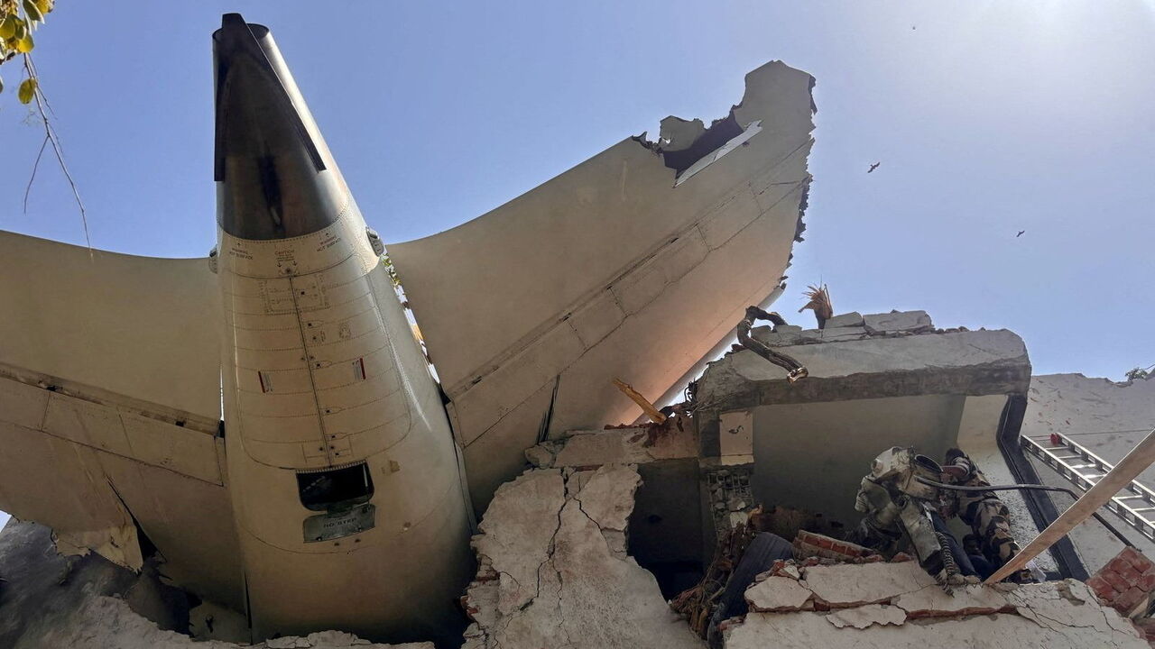 A view shows the rear of an Air India Boeing 787 Dreamliner plane following its crash, in Ahmedabad, India.