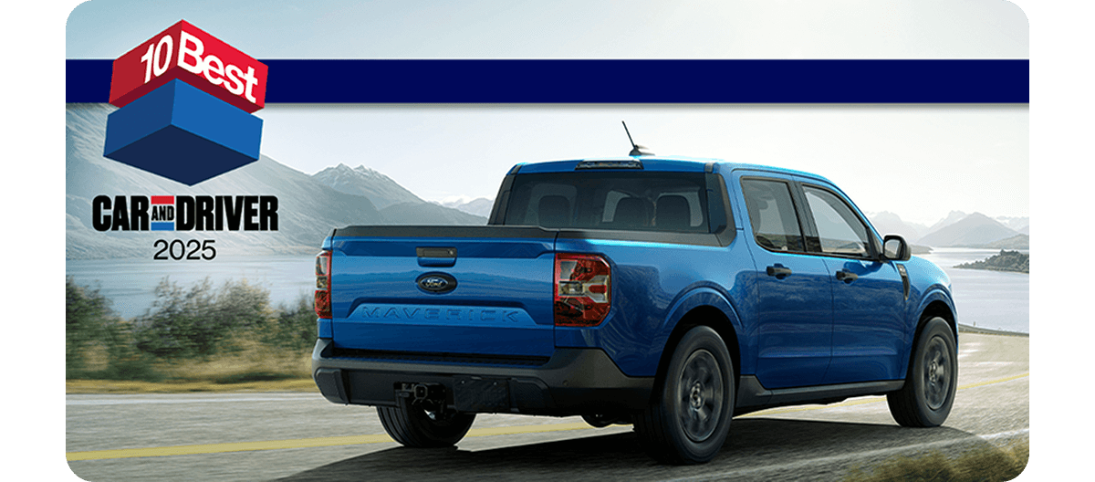Rear view of a blue 2025 Ford Maverick&reg; on a road with the 10Best Car and Driver Award logo in the upper left hand corner.