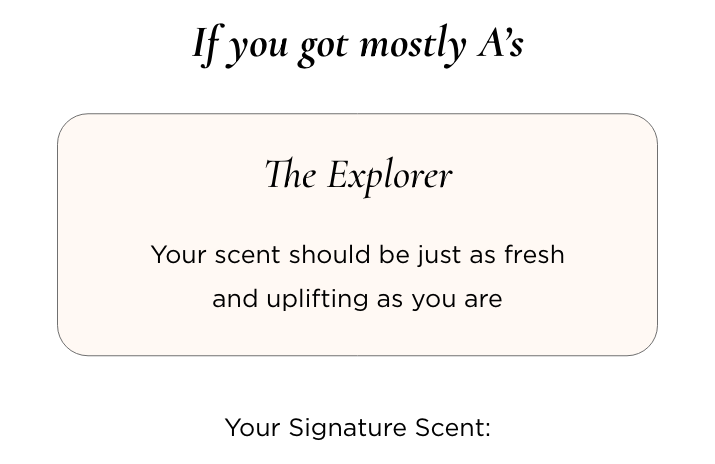 If you got mostly As  The Explorer Your scent should be just as fresh and uplifting as you are Your Signature Scent: Mango Thai Lime