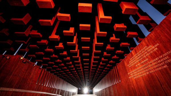 National Memorial for Peace and Justice showing steel columns hanging from the ceiling.