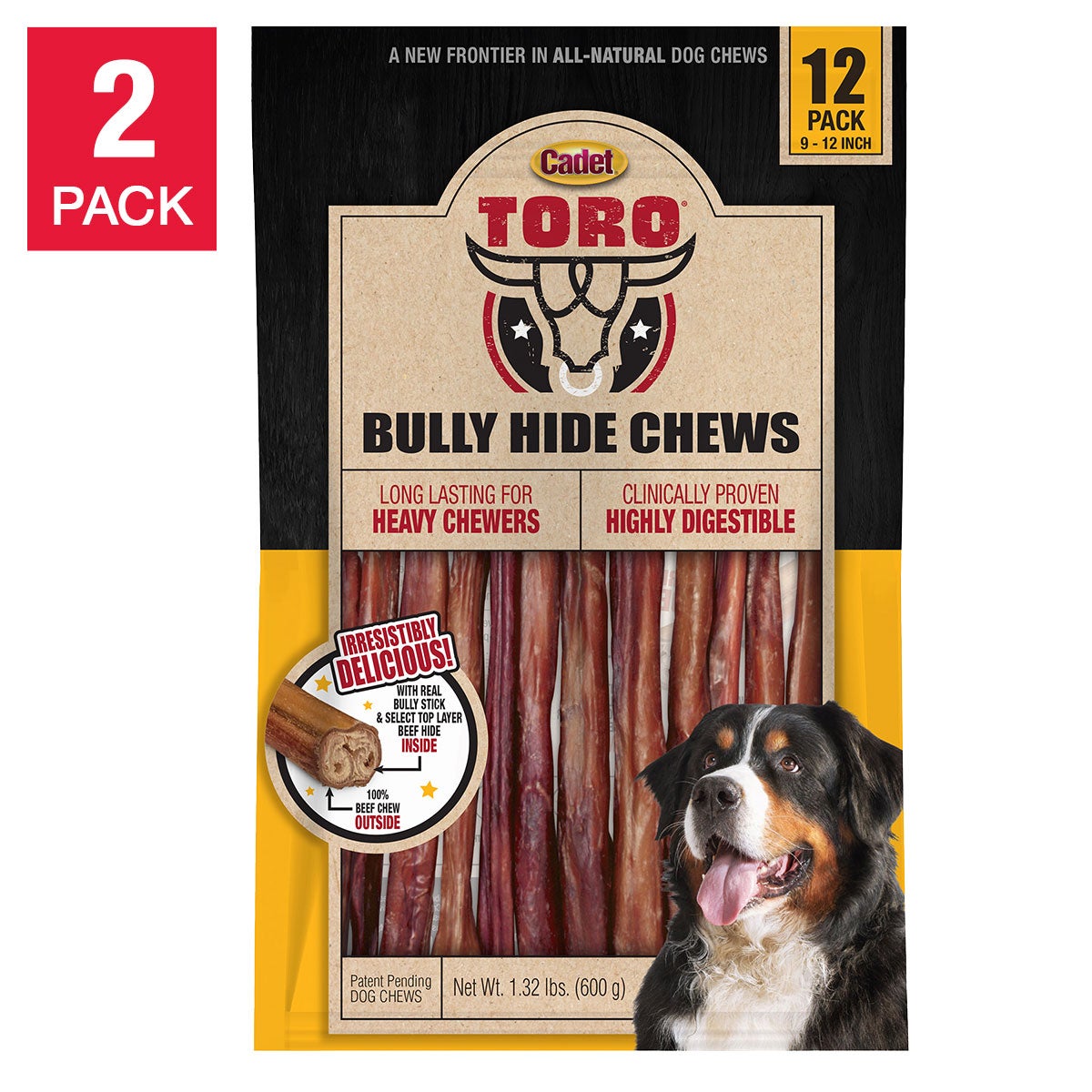 Cadet TORO Bully Hide Chews All-Natural Dog Chews 9-12-inch 12-Count, 2-Pack